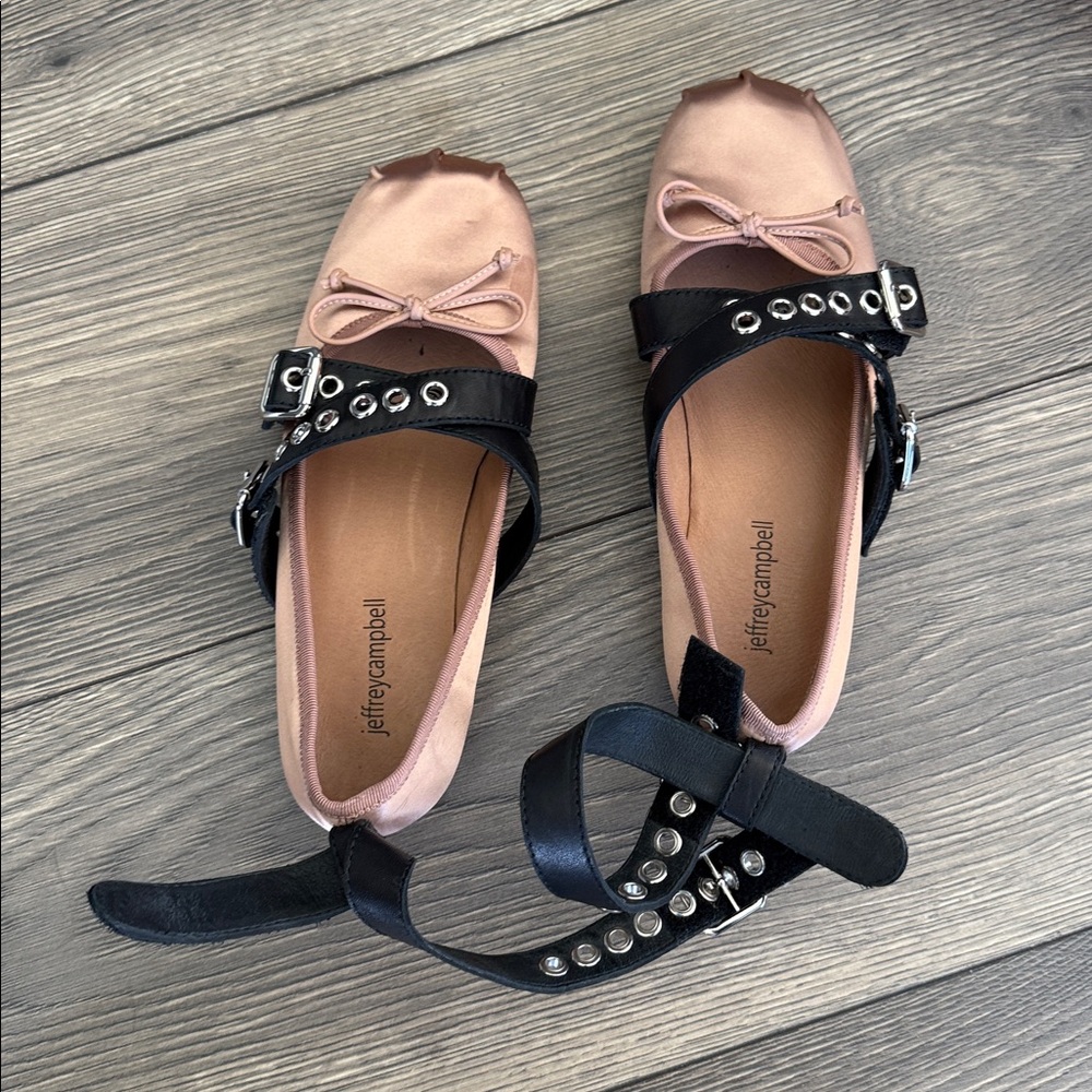 Jeffrey Campbell Choreo ballet flats in pink satin with black buckled straps. - Picture 8 of 16